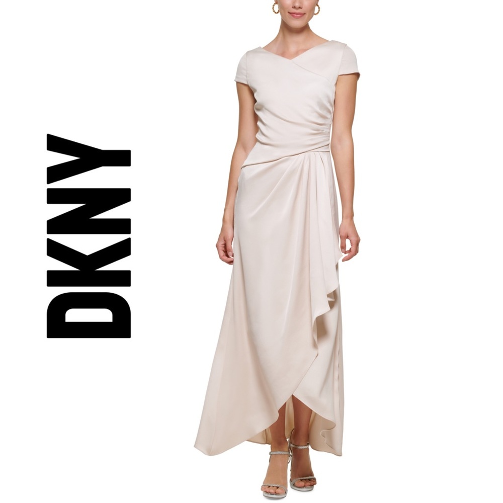 DKNY Cream Asymmetrical Draped Maxi Dress